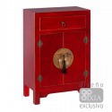 Mesita de noche Oriente roja madera dos puertas y un cajón detalles oro