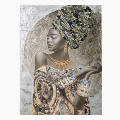 Pintura en lienzo de africana con detalles en plata y oro
