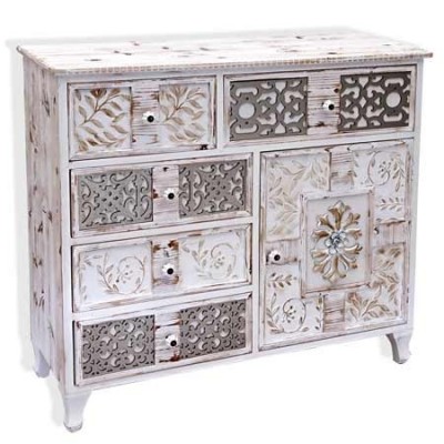Cómoda Casablanca en madera blanca rozada y plata y dorado