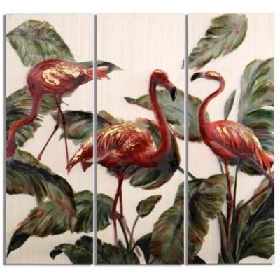 Set de tres lienzos de flamencos en madera