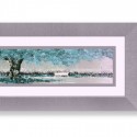 Cuadro pintura rectangular árbol en turquesa y gris con marco plata