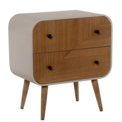 Mesita de noche retro madera natural y blanca redondeada dos cajones
