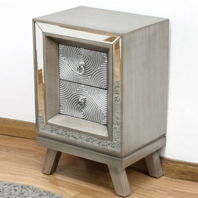 Mesa de noche Círculos madera y espejo tallado plata con dos cajones